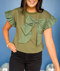 Women's Contrast Ribbon Bow Ruffle Sleeve Top