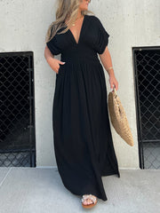 V-neck Dress With Slit And Gathered Waist