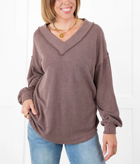 Women's Ribbed Long Sleeve V-Neck Pullover Tops