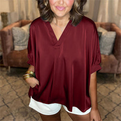 Women's Satin Pleated V-Neck Blouse