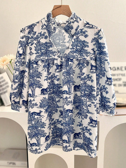 Women's V-neck Ruffle Collar Printed Shirts