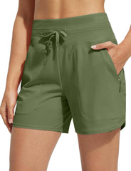 Women's 5 Inseam Drawstring High Waisted Quick Dry Swim Shorts