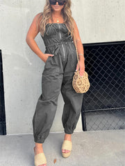 Ruched Elastic Front Zipper Cargo Jumpsuit