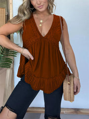 V-neckline Sleeveless Flow Top with Lace Trim