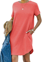 Women's Casual Short Sleeve T-shirt Dress with Pocket