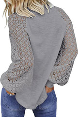 Round neck long sleeve lace splicing loose T-shirt