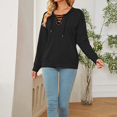 Solid Color Long Sleeve With Neckline Tie Hoodie