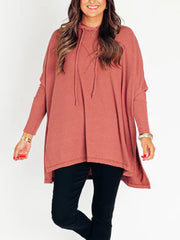 Women's Oversized Bat Sleeve Ribbed Hooded Pullover