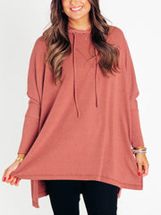 Women's Oversized Bat Sleeve Ribbed Hooded Pullover