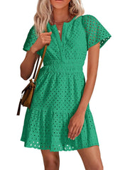 Women's V Neck Short Sleeve A Line Hollow Out Lace Dress