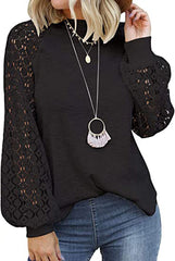 Round neck long sleeve lace splicing loose T-shirt