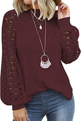 Round neck long sleeve lace splicing loose T-shirt