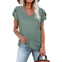 Solid color V-neck tile sleeve short-sleeved T-shirt