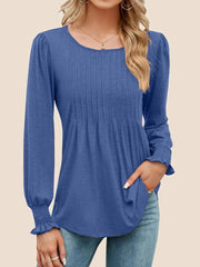 Women's Pleated Puff Long Sleeve Tunic Tops