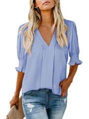 Women's Solid Casual V Neck Puff Sleeve Shirts