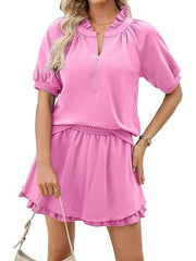 Women Half Zip Up Tops and Ruffled Shorts Lounge Set