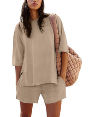 Women's Casual Matching Set with Slit Top and Shorts