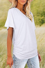 Women's Loose Fit Short Sleeve V Neck Shirts with Side Shirring