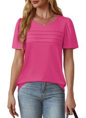 Women's Short Sleeve Pleated Front Scooped Neck T-shirts