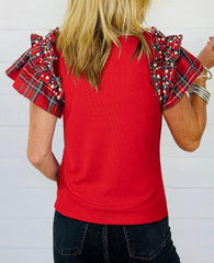 Women's Plaid Ruffle Short Sleeve Pearl Tops