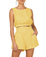 Sleeveless Round Neck Crop 2 Piece Outfits