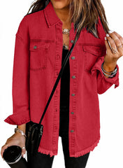 Women's Button Down Raw Edge Denim Jacket
