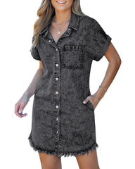 Women's Button Down Raw Edge Denim Shirt Dress