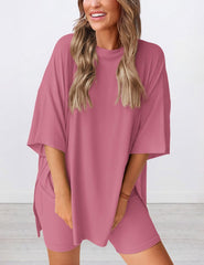 Women's Round Neck Side Slit Short Sleeve Top Tight Shorts Set