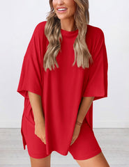Women's Round Neck Side Slit Short Sleeve Top Tight Shorts Set