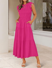 Women's Summer Casual Flutter Short Sleeve Smocked Midi Dress