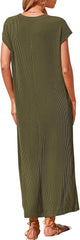 Women's Ribbed Henley Button Up Split Long Dress