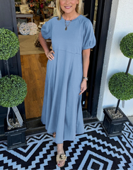 Women's Solid Puff Sleeve Long Dress With Pockets