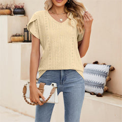 Solid color V-neck tile sleeve short-sleeved T-shirt