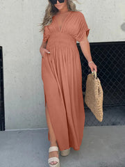V-neck Dress With Slit And Gathered Waist