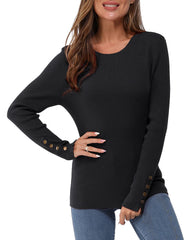 Women's Long-Sleeve Button Crew Neck Pullover Sweater