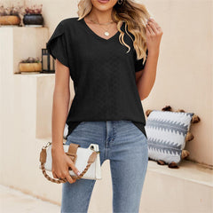Solid color V-neck tile sleeve short-sleeved T-shirt