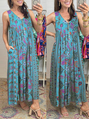 Vintage Floral Print Loose Sleeveless Jumpsuit