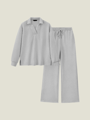 Women's Lapel V Neck Textured Lounge Sets