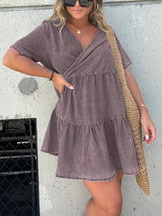 Denim Ruffle V-Neck Mini Dress