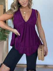 New V-neckline Sleeveless Flow Top with Lace Trim