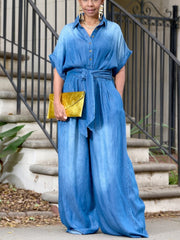 Women's Tie-Waist Wide-Leg Denim Jumpsuit
