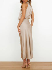 Mock Neck Keyhole Elastic High Waist Maxi Dress