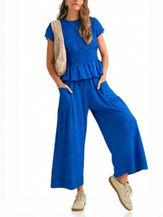 Women's Ruched Ruffle Top & Wide-Leg Pants Two-Piece Set
