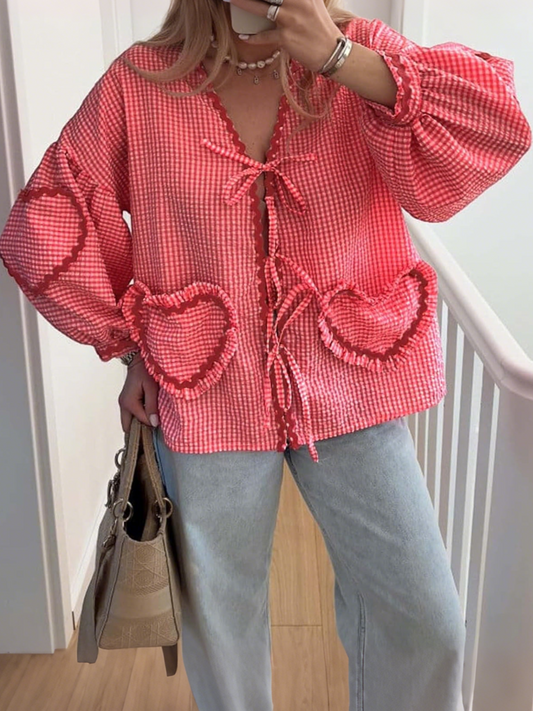 Women's Cute Long Sleeve Tie-Front Gingham Heart Blouse