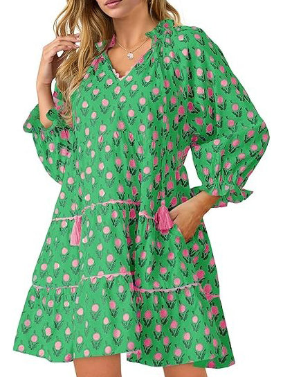 Women's Floral Ruffle V Neck Long Sleeve Boho Babydoll Dresses With Pockets