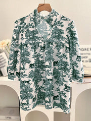 Women's V-neck Ruffle Collar Printed Shirts