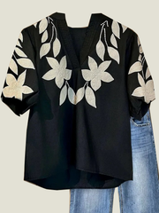 Women's V Neck Puff Sleeve Floral Embroidery T-Shirt
