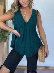 V-neckline Sleeveless Flow Top with Lace Trim