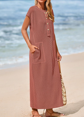 Women's Ribbed Henley Button Up Split Long Dress