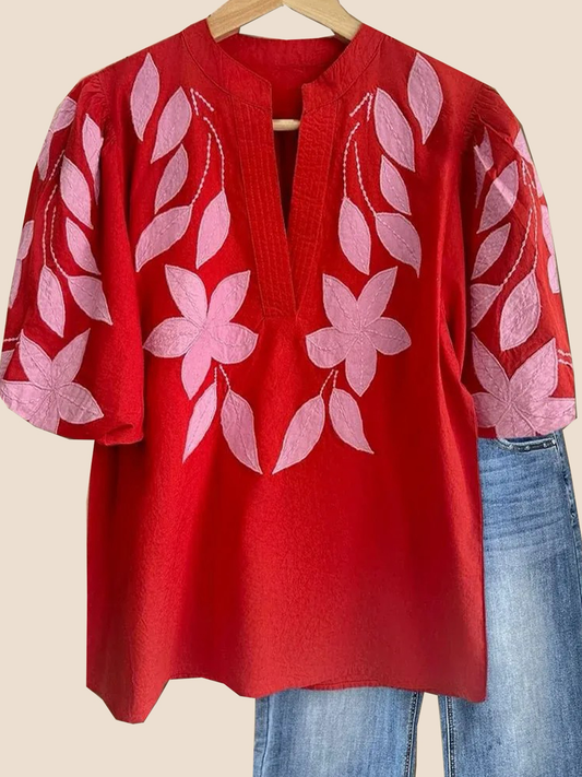Women's V Neck Puff Sleeve Floral Embroidery T-Shirt